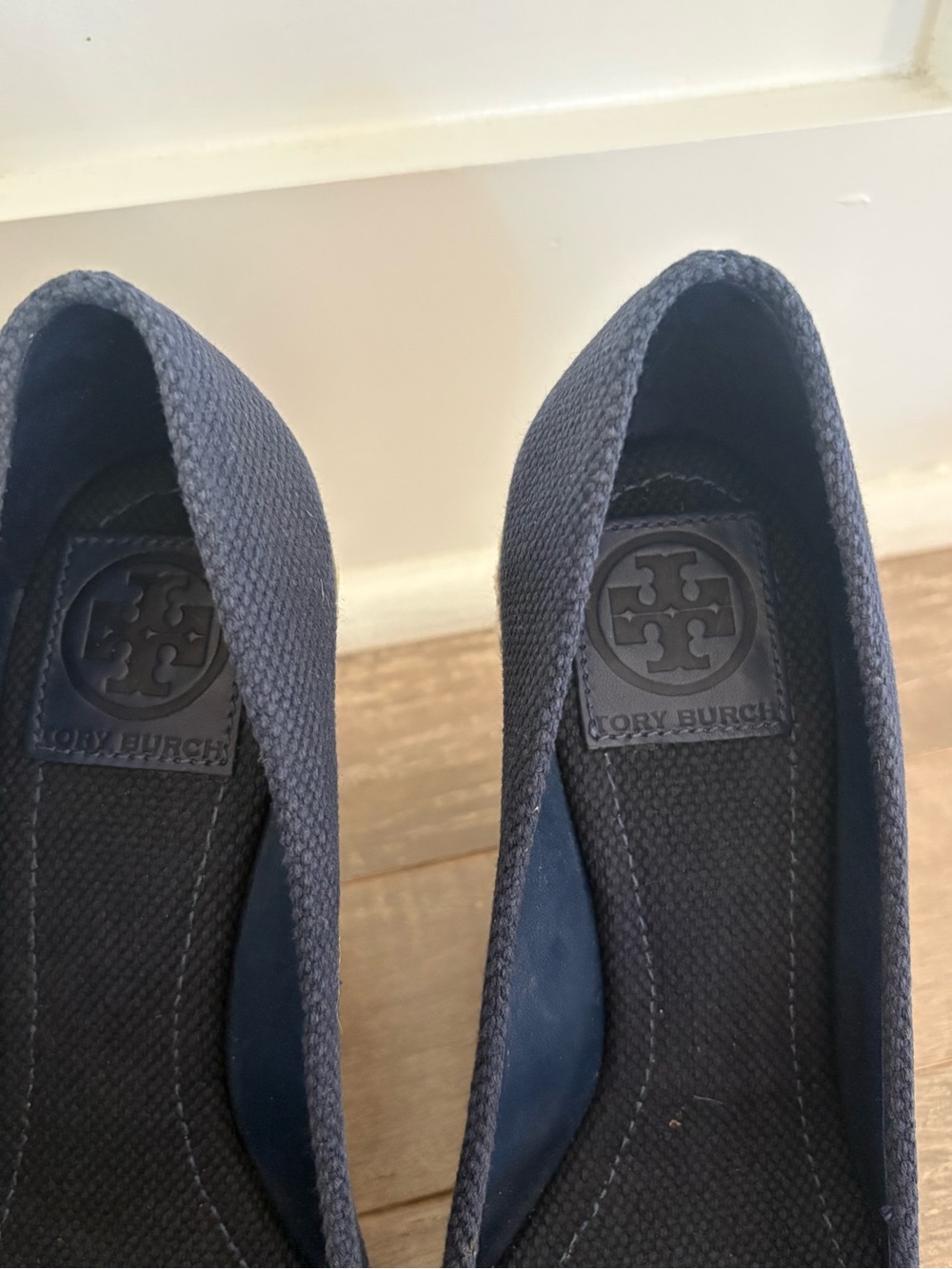 Tory Burch Navy Canvas Espadrille Wedge Peep Toe Heels Size 7M - Picture 4 of 7